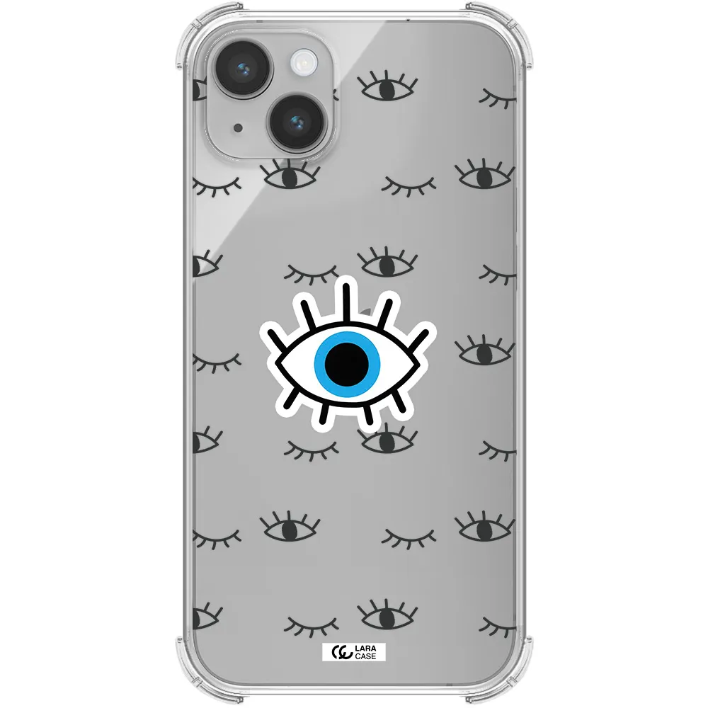 a blue eye with black eyeballs and eyelashes Apple iPhone 14 plus Clear PC Case