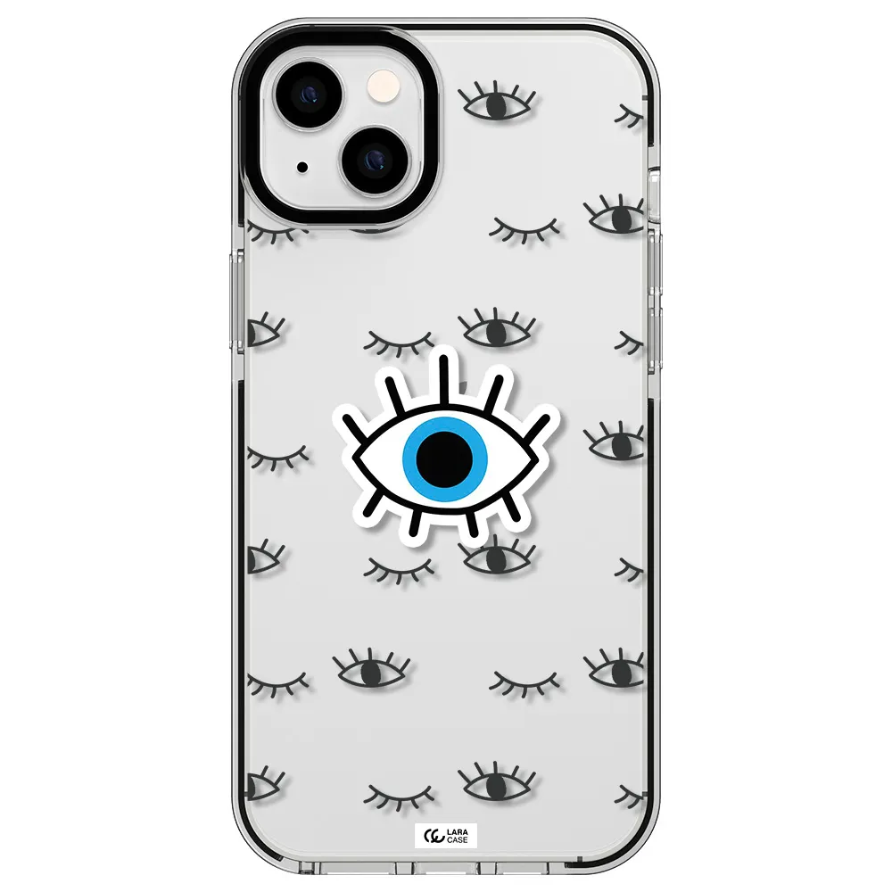a blue eye with black eyeballs and eyelashes Apple iPhone 14 plus impact black border Case