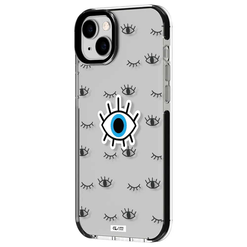 a blue eye with black eyeballs and eyelashes Apple iPhone 14 plus impact black border Case