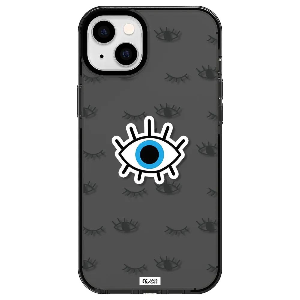 a blue eye with black eyeballs and eyelashes Apple iPhone 14 plus impact Smoke Black Case