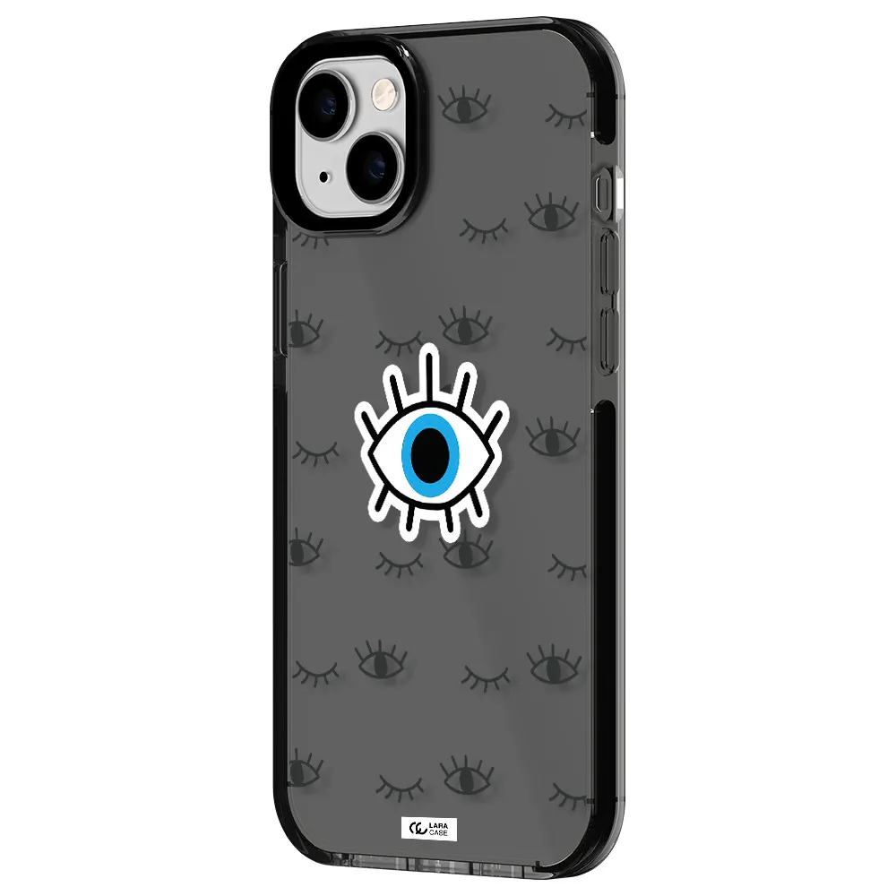 a blue eye with black eyeballs and eyelashes Apple iPhone 14 plus impact Smoke Black Case