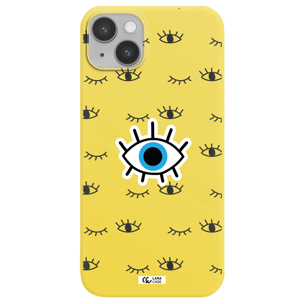 a blue eye with black eyeballs and eyelashes Apple iPhone 14 plus Silicone canary yellow Case