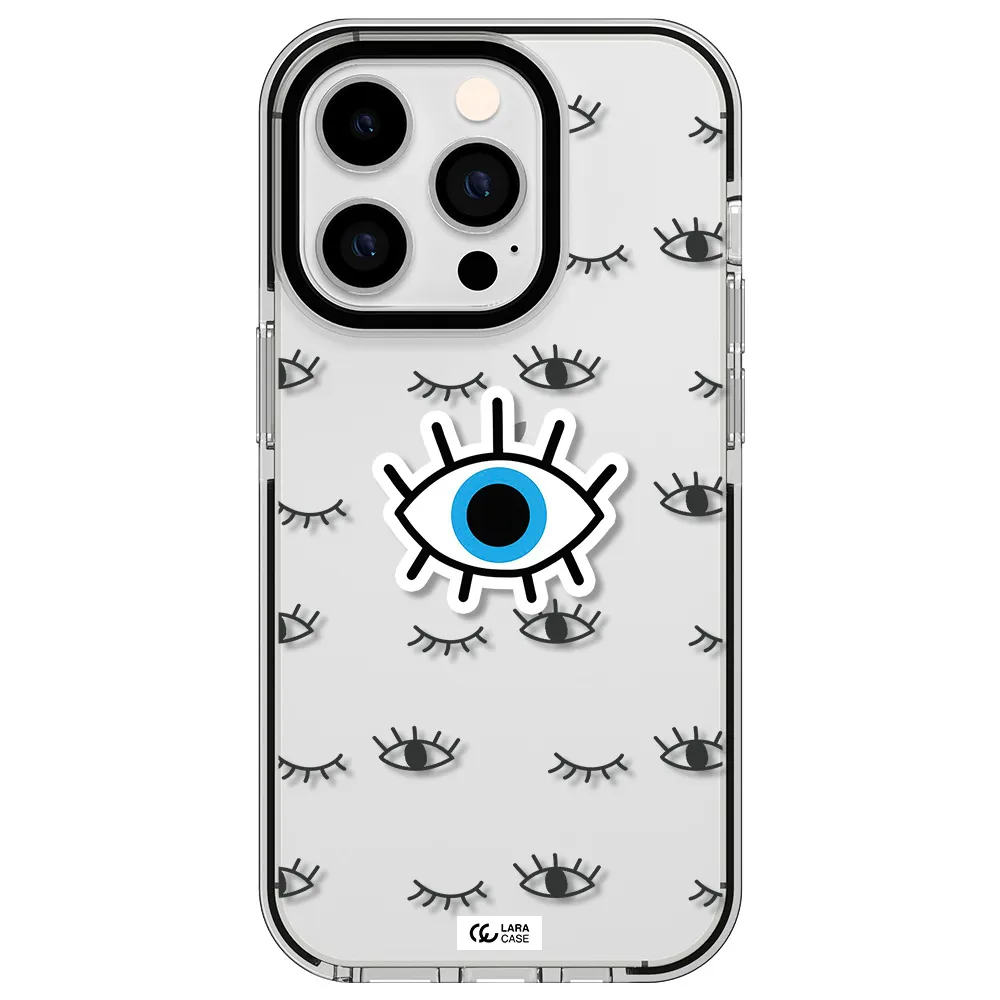 a blue eye with black eyeballs and eyelashes Apple iPhone 14 pro impact black border Case