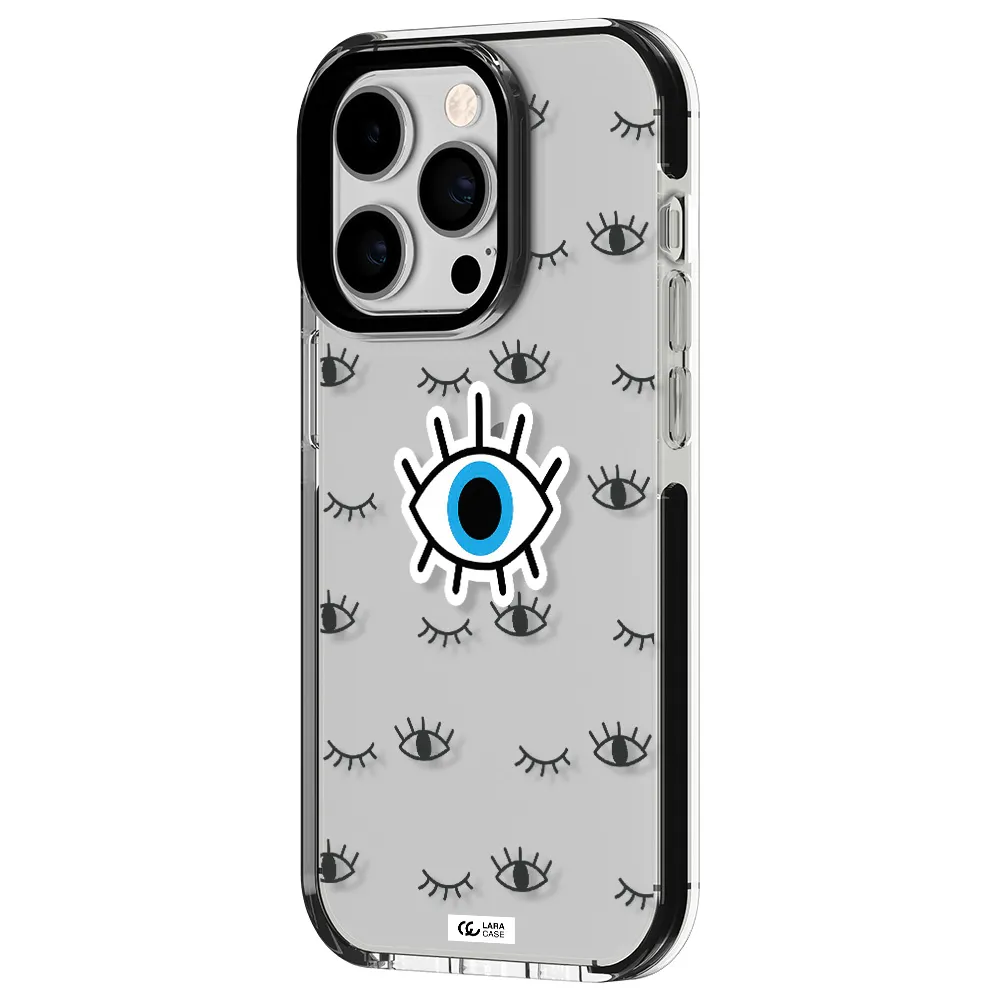 a blue eye with black eyeballs and eyelashes Apple iPhone 14 pro impact black border Case