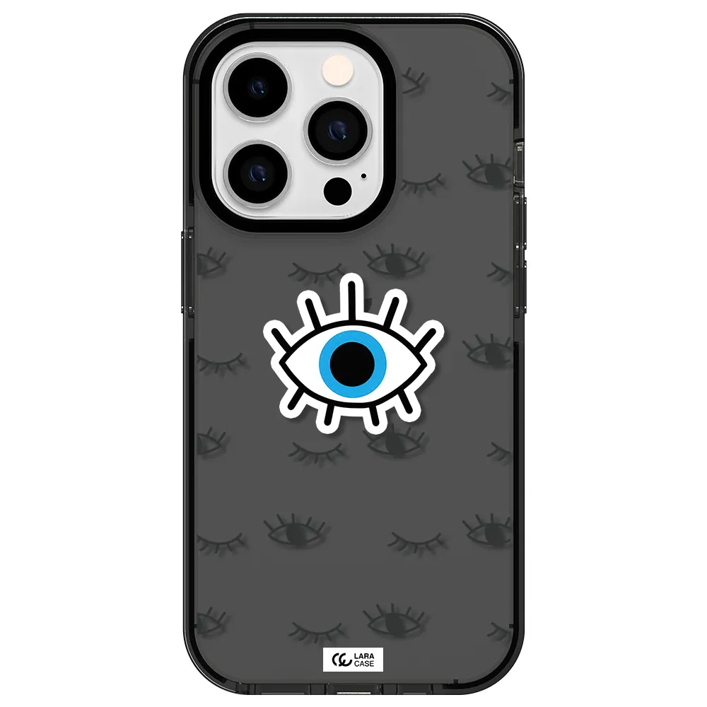 a blue eye with black eyeballs and eyelashes Apple iPhone 14 pro impact Smoke Black Case