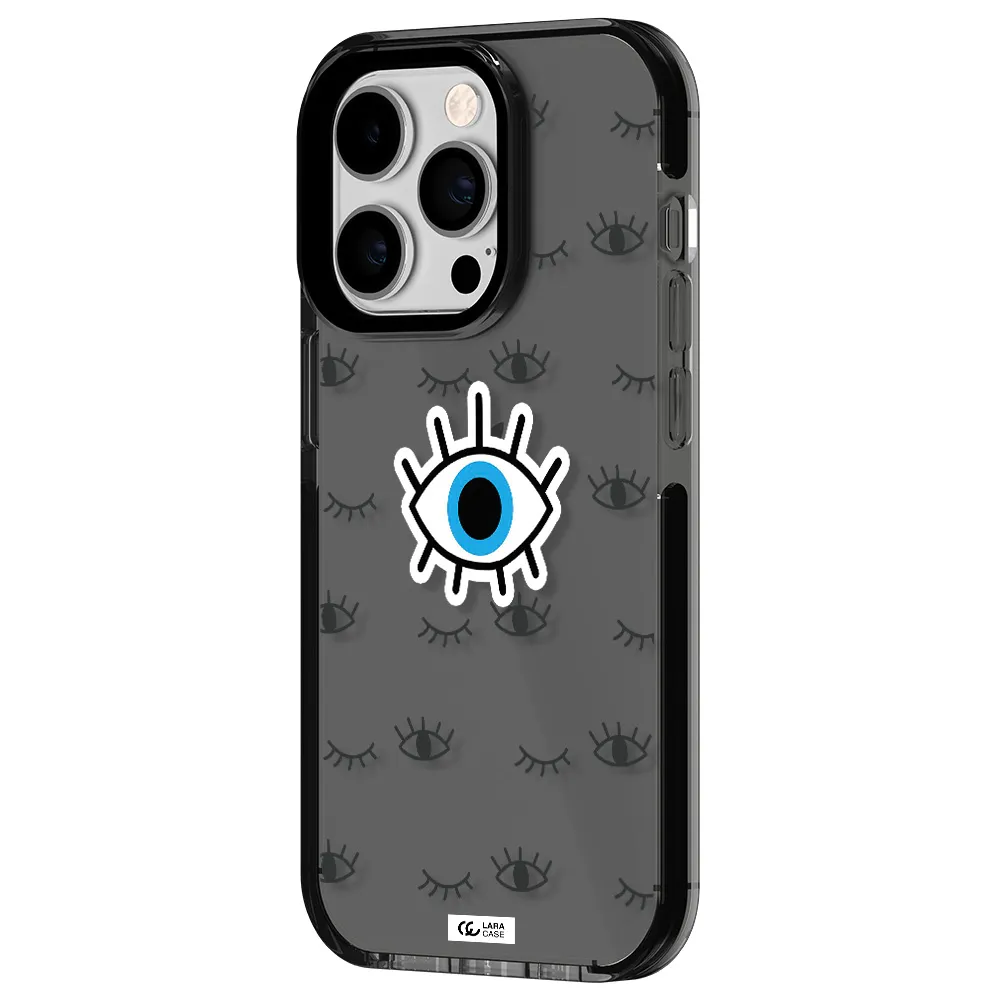 a blue eye with black eyeballs and eyelashes Apple iPhone 14 pro impact Smoke Black Case
