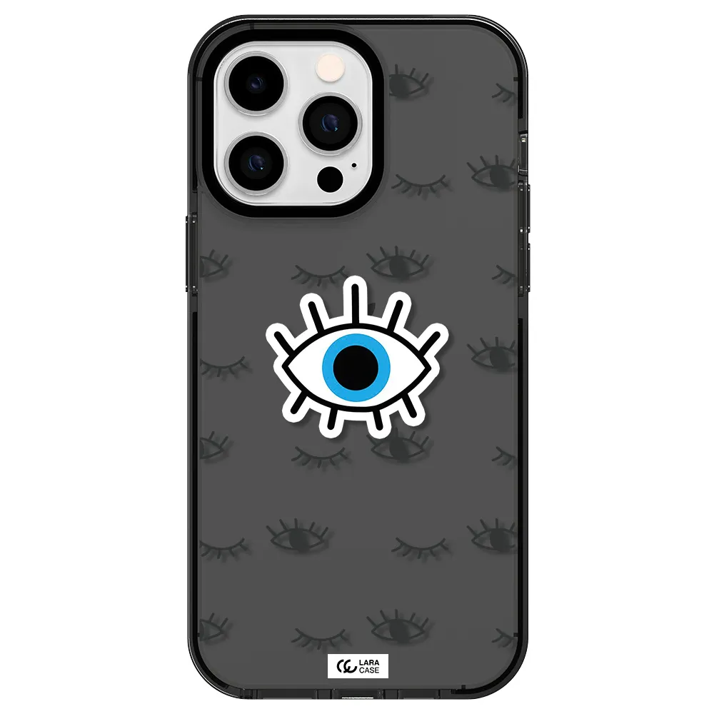 a blue eye with black eyeballs and eyelashes Apple iPhone 14 pro max impact Smoke Black Case