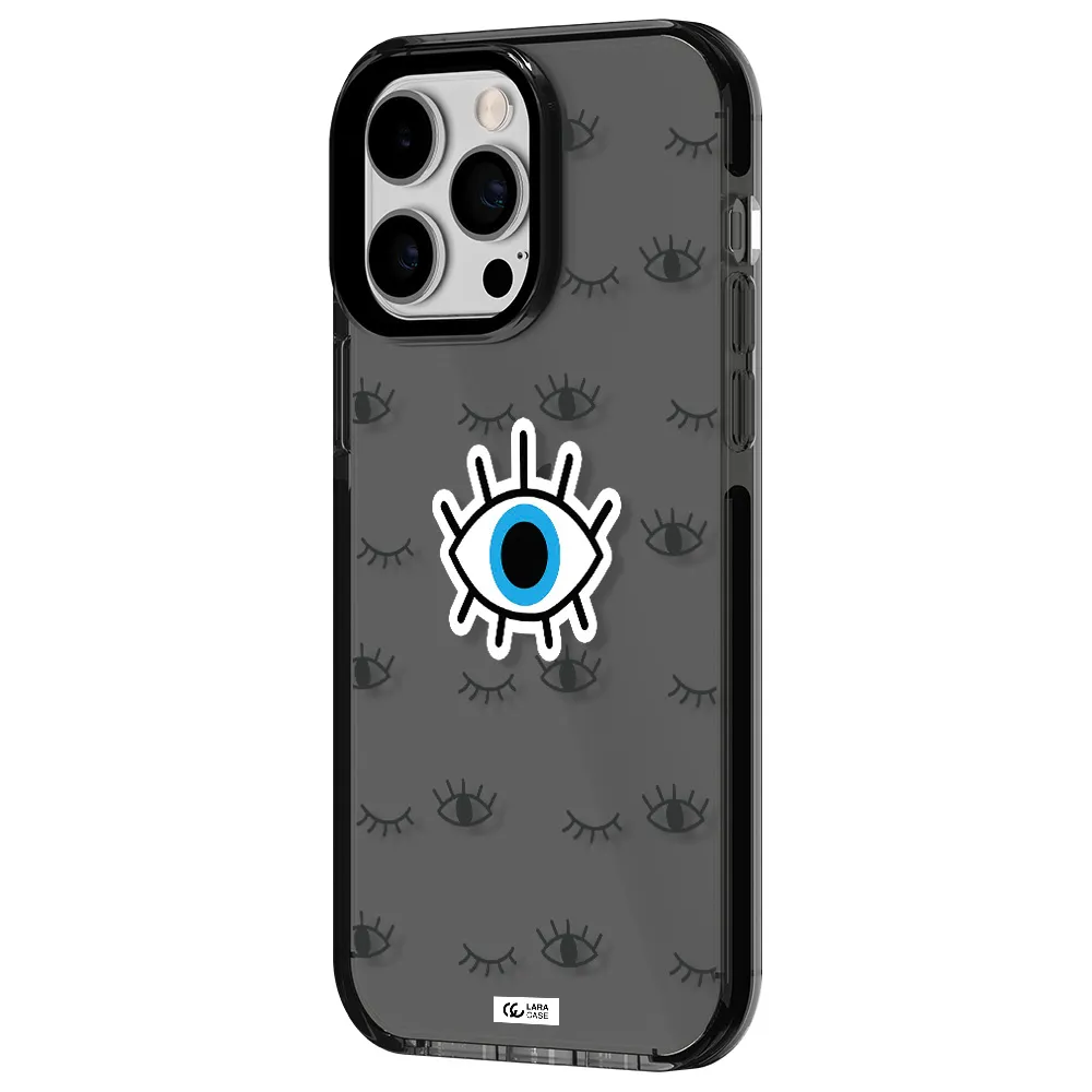 a blue eye with black eyeballs and eyelashes Apple iPhone 14 pro max impact Smoke Black Case