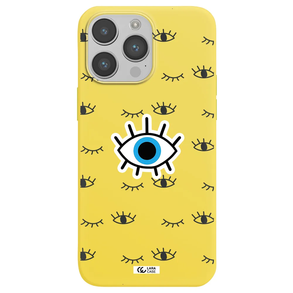 a blue eye with black eyeballs and eyelashes Apple iPhone 14 pro max Silicone canary yellow Case