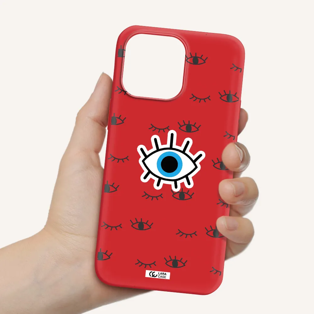 a blue eye with black eyeballs and eyelashes Apple iPhone 14 pro max Silicone Imperial Red Case