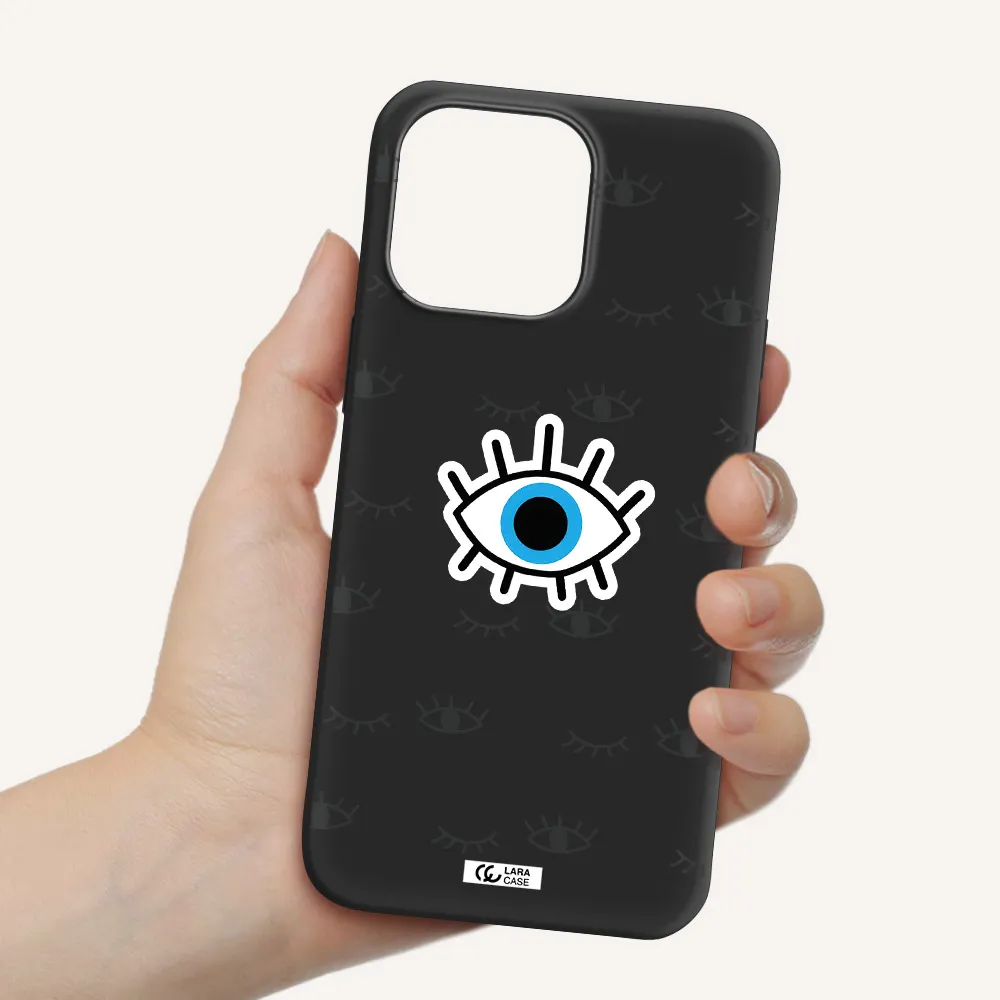 a blue eye with black eyeballs and eyelashes Apple iPhone 14 pro Silicone black Case