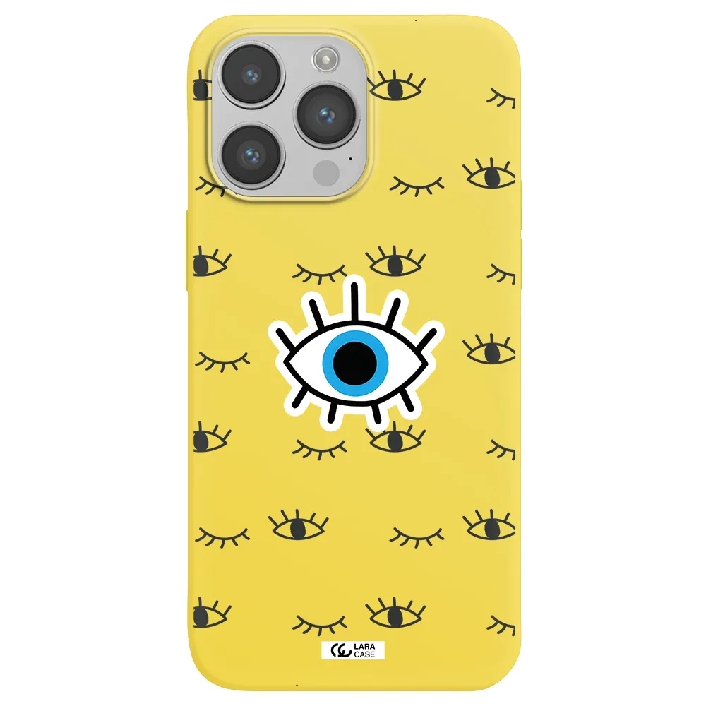 a blue eye with black eyeballs and eyelashes Apple iPhone 14 pro Silicone canary yellow Case