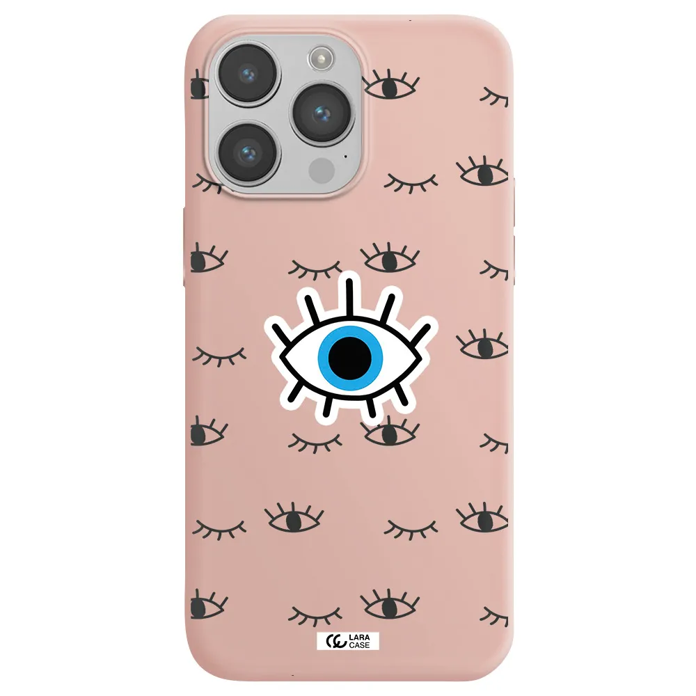 a blue eye with black eyeballs and eyelashes Apple iPhone 14 pro Silicone pastel pink Case