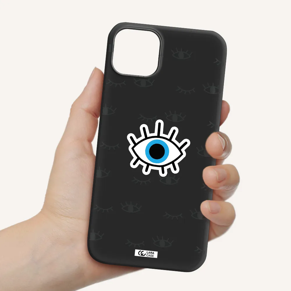 a blue eye with black eyeballs and eyelashes Apple iPhone 14 Silicone black Case