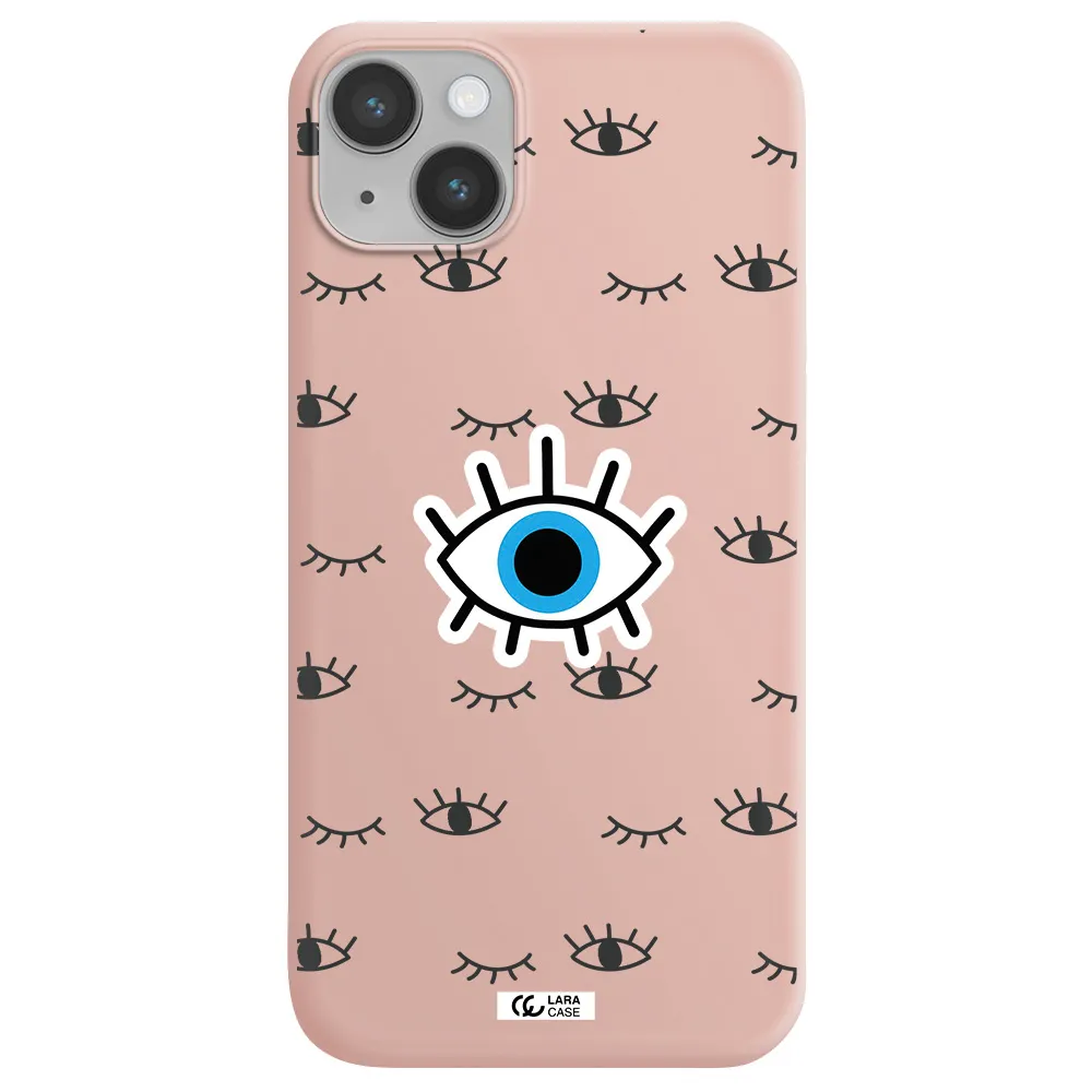 a blue eye with black eyeballs and eyelashes Apple iPhone 14 Silicone pastel pink Case