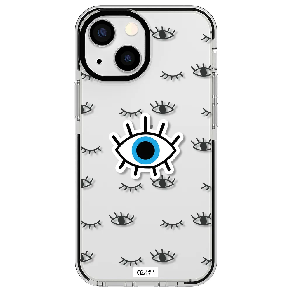 a blue eye with black eyeballs and eyelashes Apple iPhone 15 impact black border Case