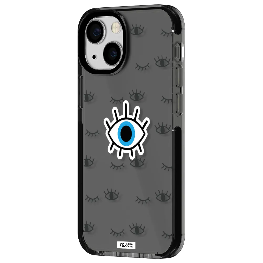 a blue eye with black eyeballs and eyelashes Apple iPhone 15 impact Smoke Black Case