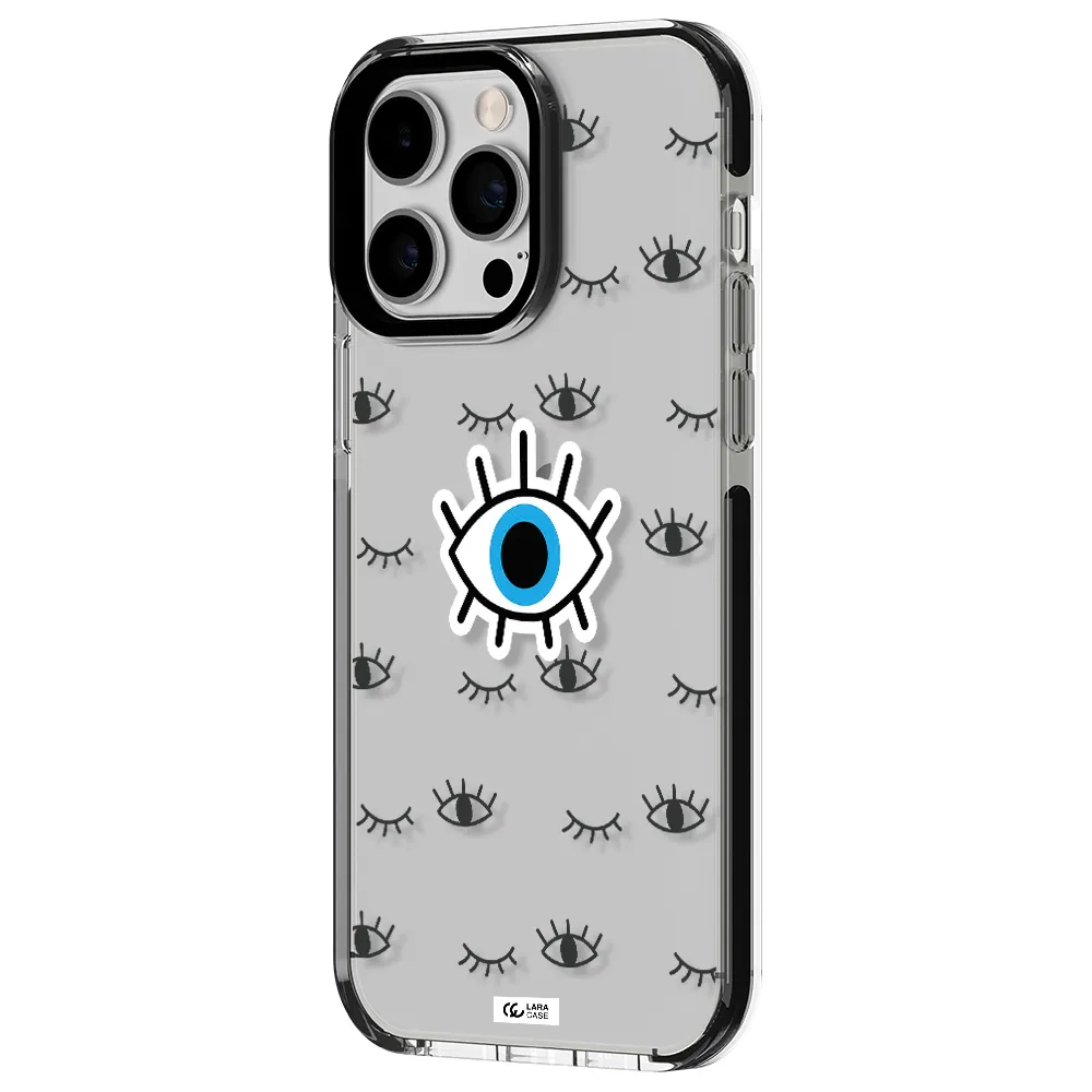 a blue eye with black eyeballs and eyelashes Apple iPhone 15 Pro impact black border Case