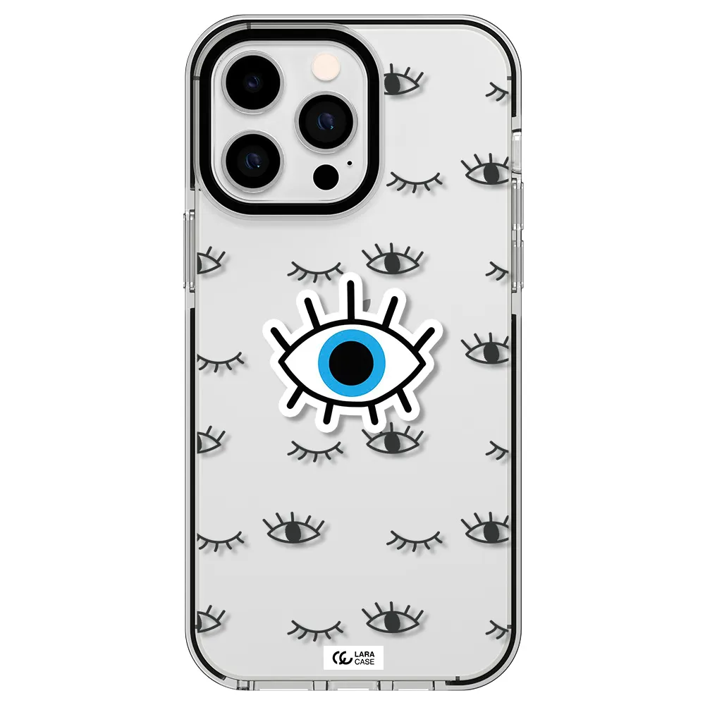 a blue eye with black eyeballs and eyelashes Apple iPhone 15 Pro Max impact black border Case
