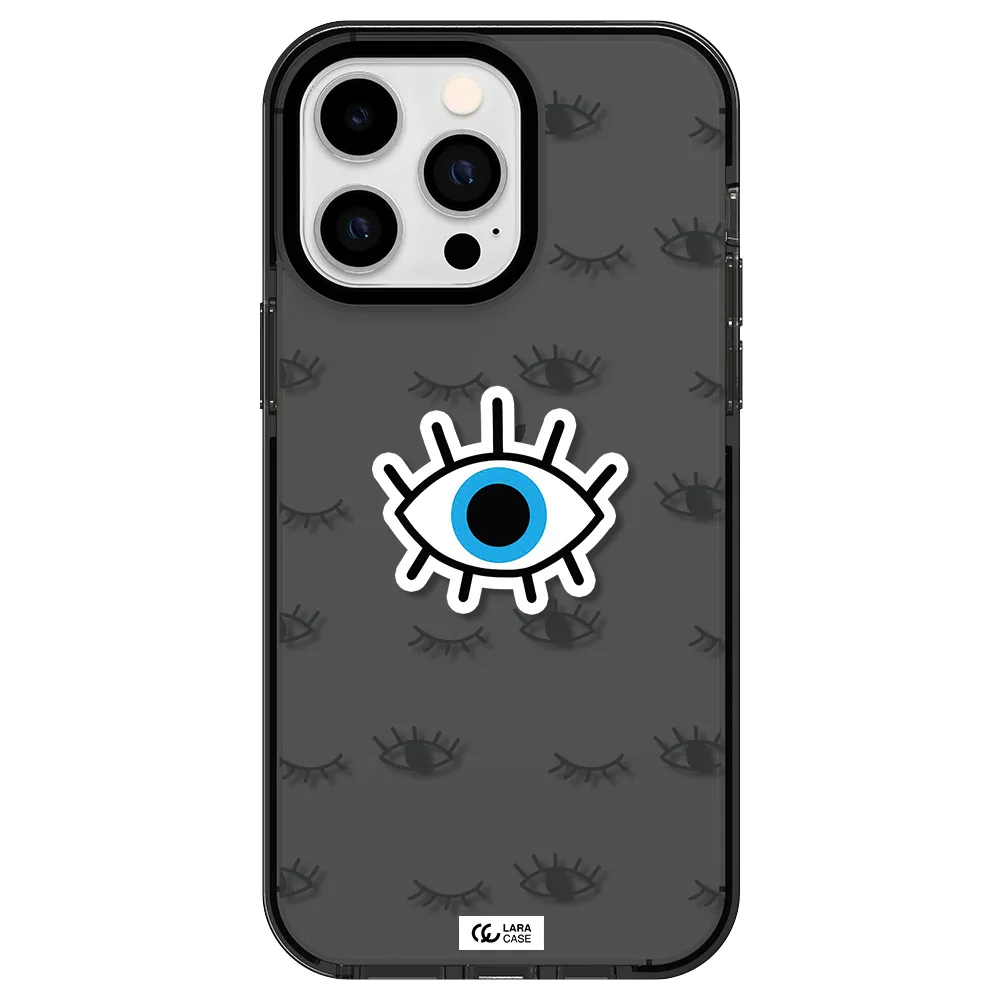 a blue eye with black eyeballs and eyelashes Apple iPhone 15 Pro Max impact Smoke Black Case