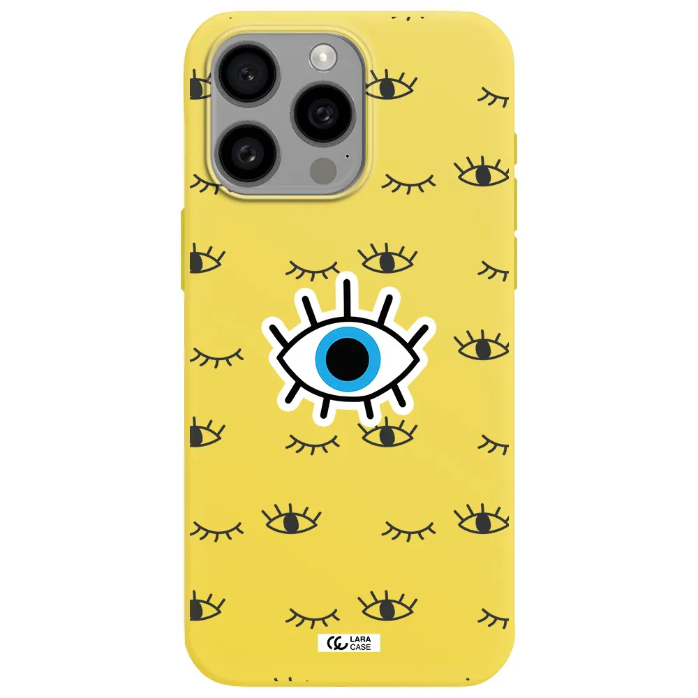 a blue eye with black eyeballs and eyelashes Apple Iphone 15 Pro max Silicone canary yellow Case