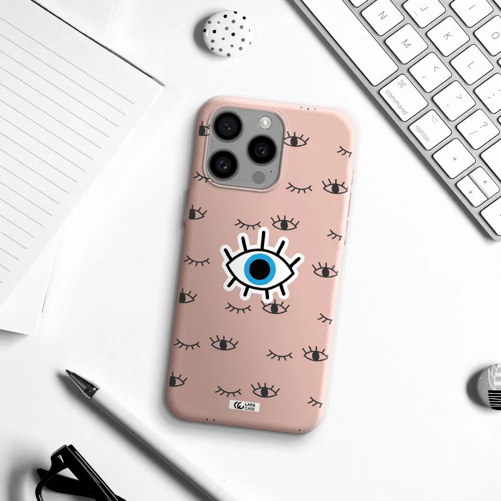 a blue eye with black eyeballs and eyelashes Apple Iphone 15 Pro max Silicone pastel pink Case