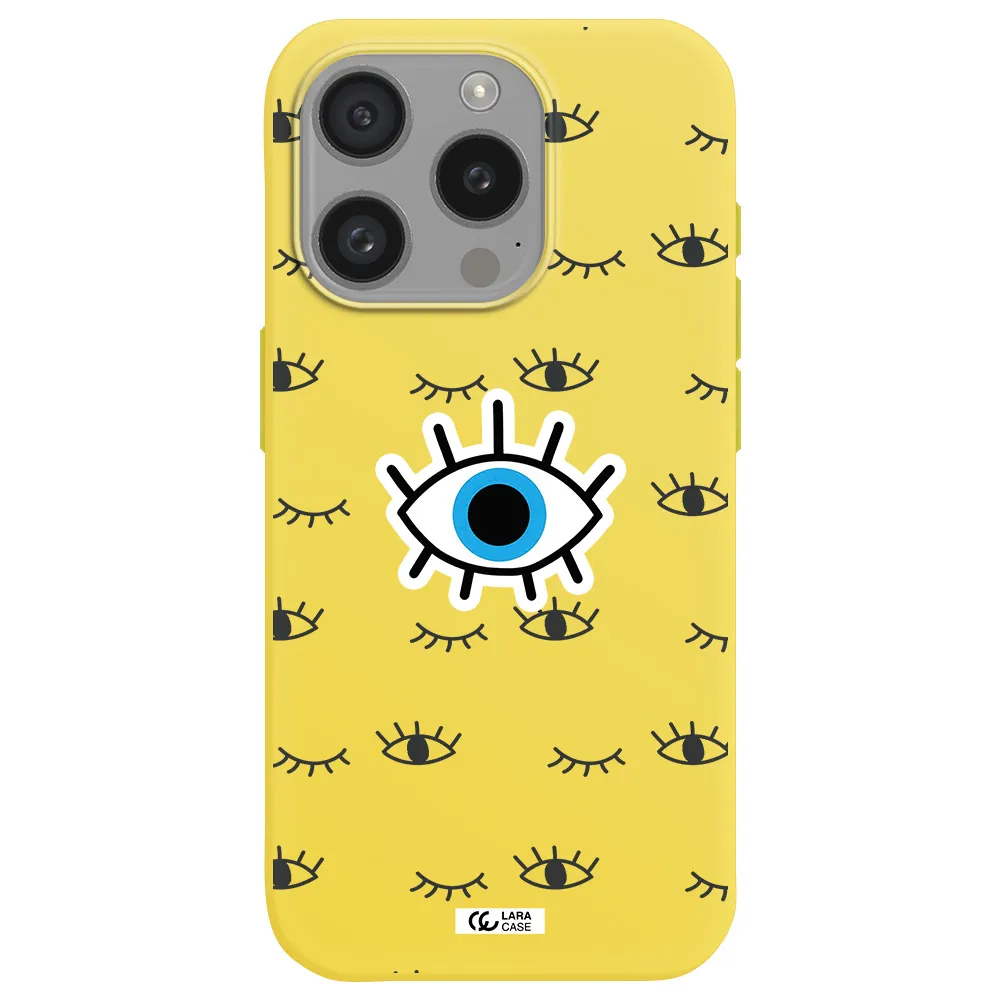 A Blue Eye With Black Eyeballs And Eyelashes Apple Iphone 15 Pro Silicone Canary Yellow Case