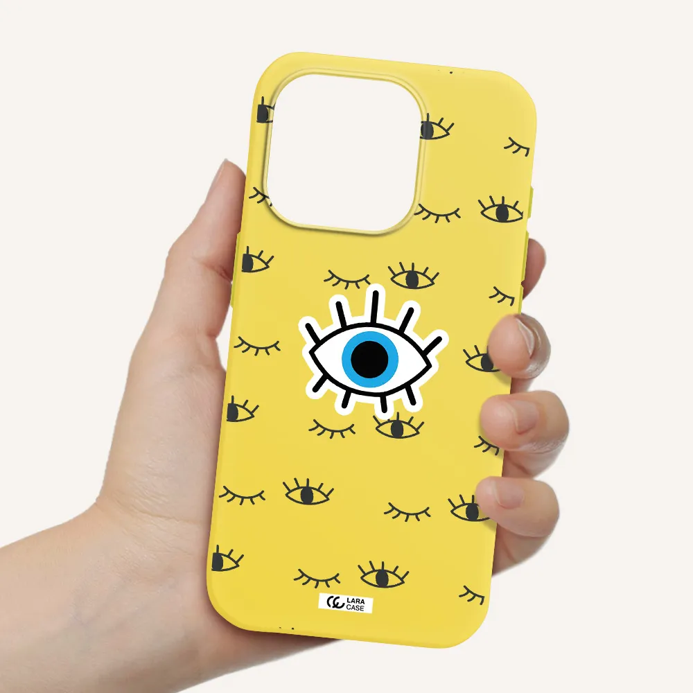 A Blue Eye With Black Eyeballs And Eyelashes Apple Iphone 15 Pro Silicone Canary Yellow Case
