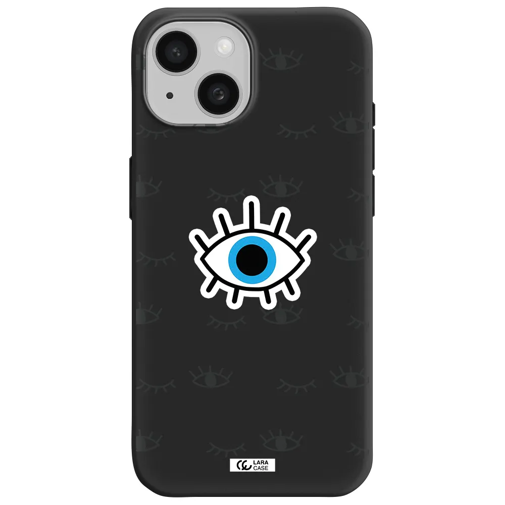 a blue eye with black eyeballs and eyelashes Apple iPhone 15 Silicone black Case