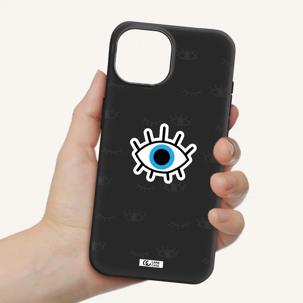 a blue eye with black eyeballs and eyelashes Apple iPhone 15 Silicone black Case