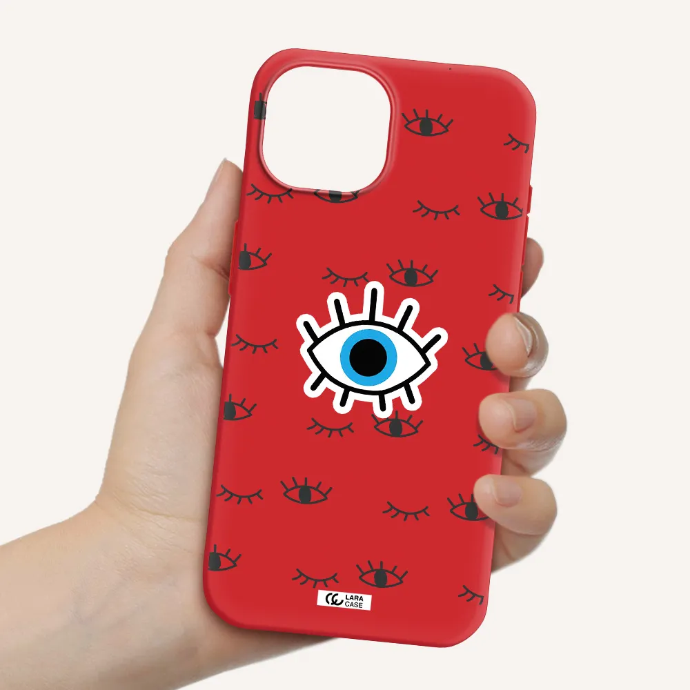 A Blue Eye With Black Eyeballs And Eyelashes Apple Iphone 15 Silicone Imperial Red Case