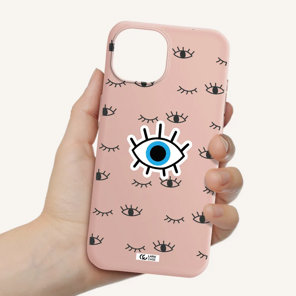 A Blue Eye With Black Eyeballs And Eyelashes Apple Iphone 15 Silicone Pastel Pink Case