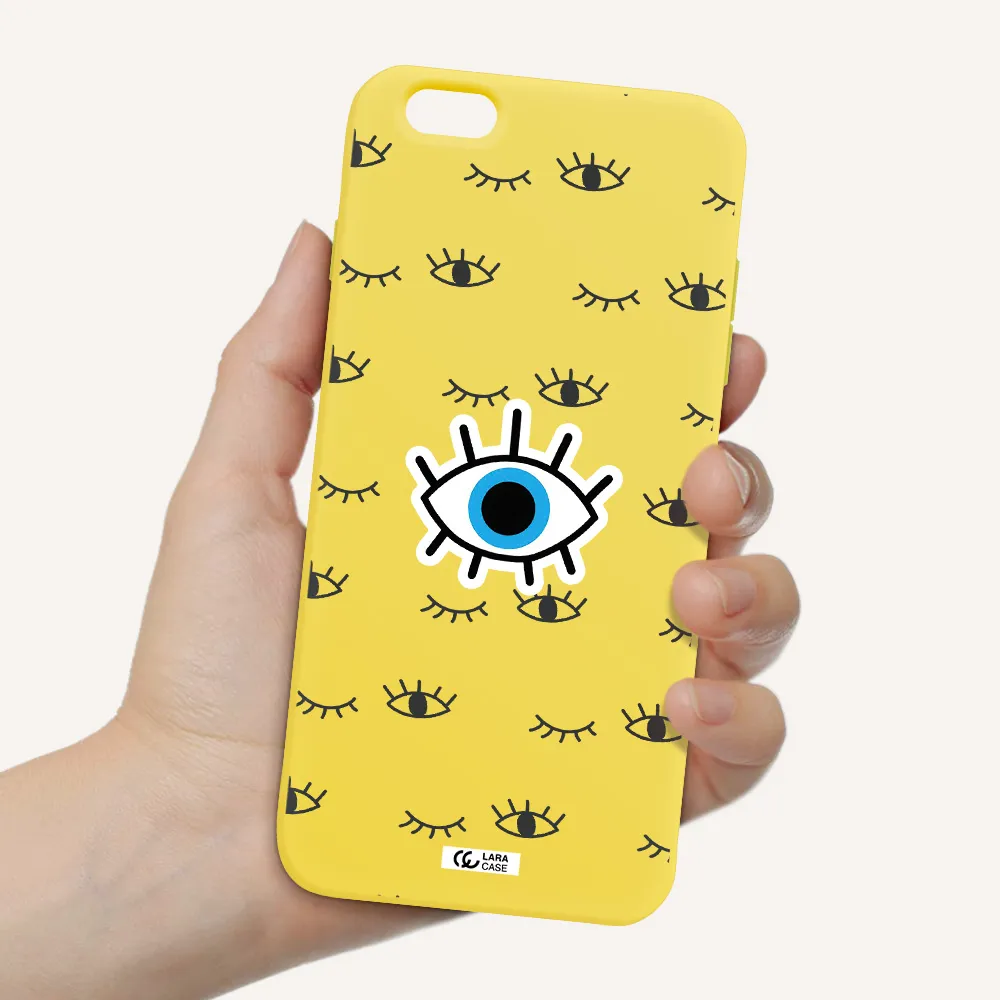 a blue eye with black eyeballs and eyelashes Apple iPhone 6 plus Silicone canary yellow Case