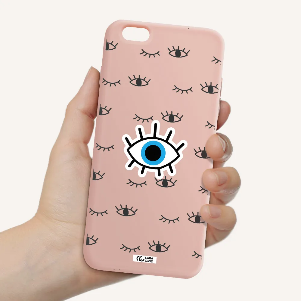 a blue eye with black eyeballs and eyelashes Apple iPhone 6 plus Silicone pastel pink Case