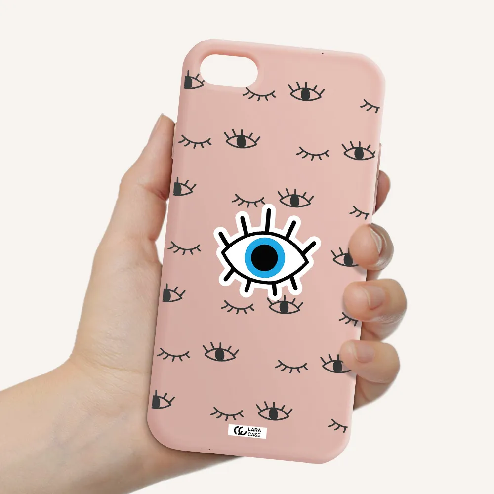 a blue eye with black eyeballs and eyelashes Apple iPhone 7 Silicone pastel pink Case