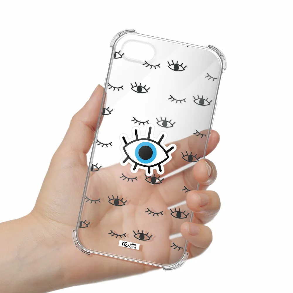 a blue eye with black eyeballs and eyelashes Apple iPhone 8 Clear PC Case