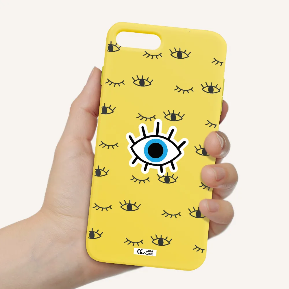 a blue eye with black eyeballs and eyelashes Apple iPhone 8 plus Silicone canary yellow Case