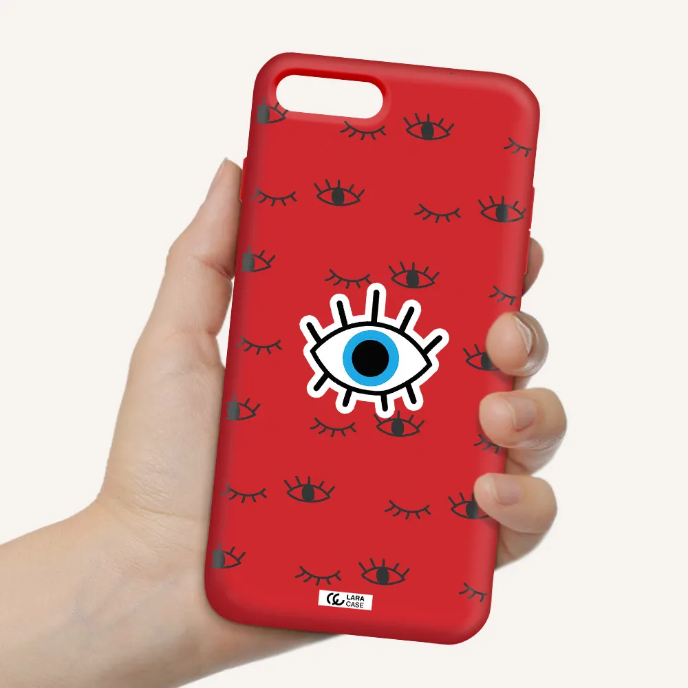 a blue eye with black eyeballs and eyelashes Apple iPhone 8 plus Silicone Imperial Red Case