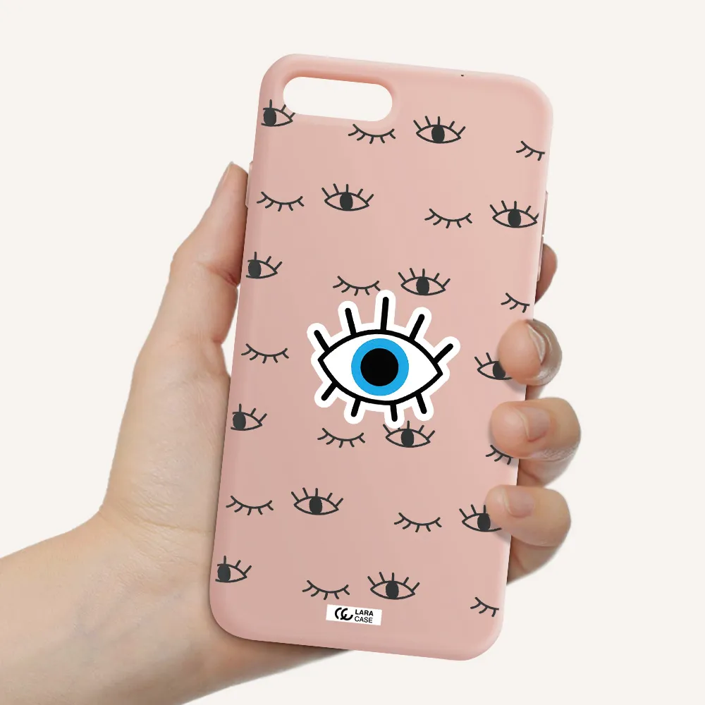 a blue eye with black eyeballs and eyelashes Apple iPhone 8 plus Silicone pastel pink Case