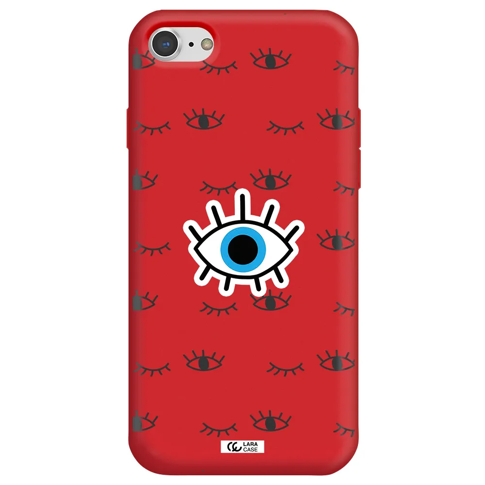 a blue eye with black eyeballs and eyelashes Apple iPhone 8 Silicone Imperial Red Case