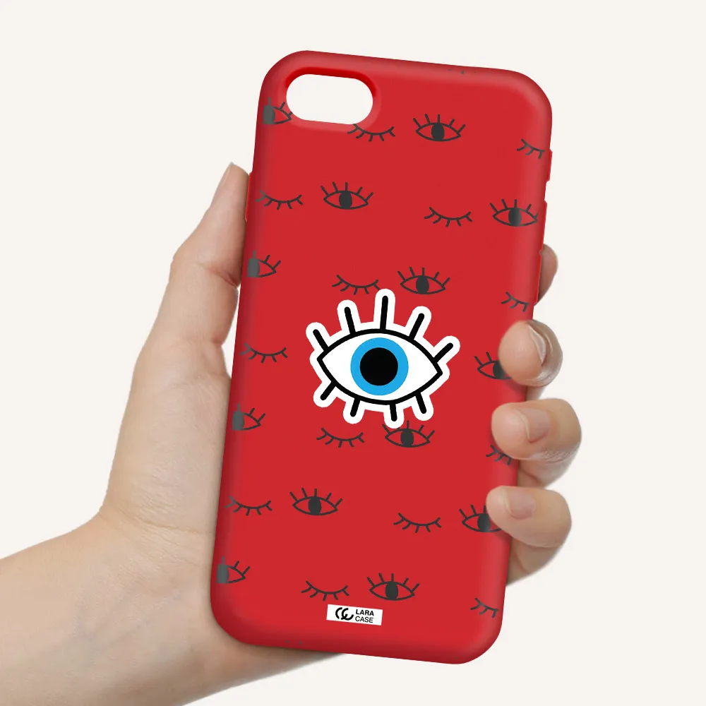a blue eye with black eyeballs and eyelashes Apple iPhone se 2020 Silicone Imperial Red Case