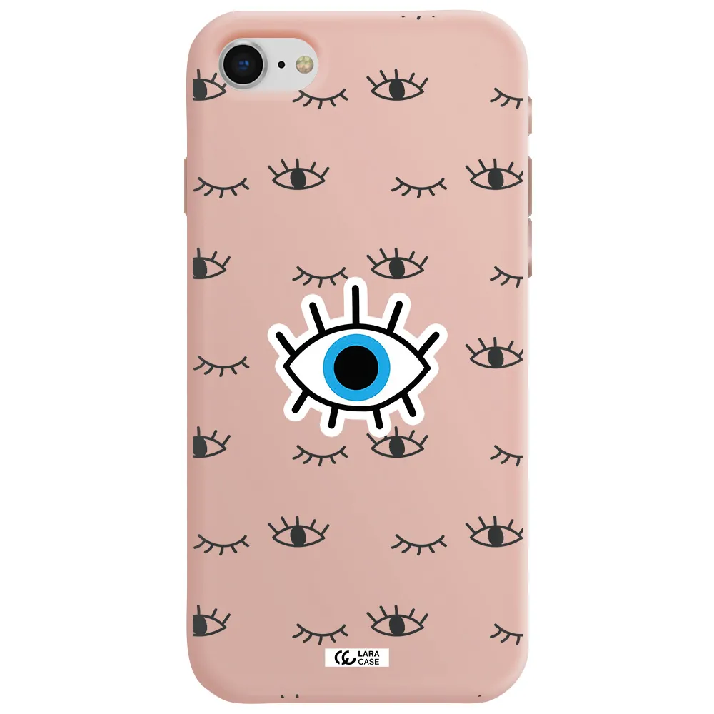 a blue eye with black eyeballs and eyelashes Apple iPhone se 2020 Silicone pastel pink Case