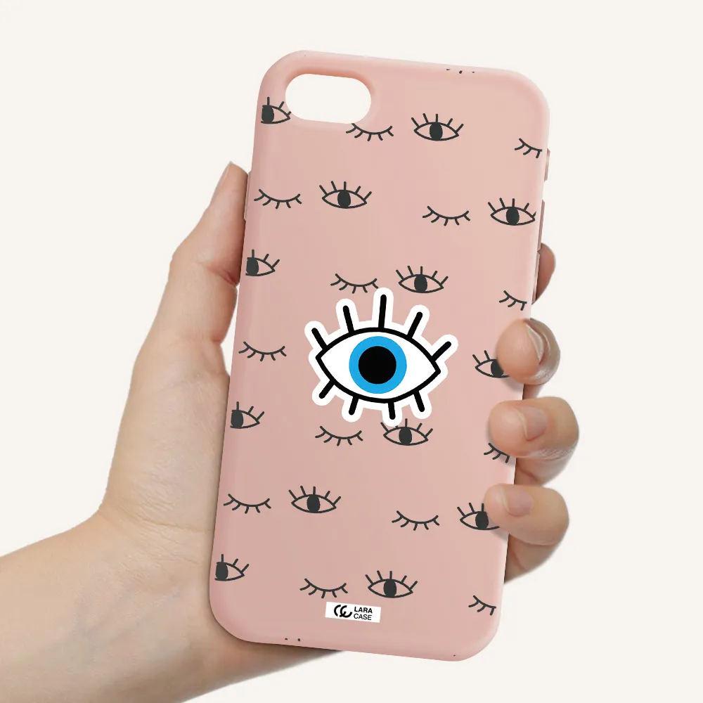 a blue eye with black eyeballs and eyelashes Apple iPhone se 2020 Silicone pastel pink Case
