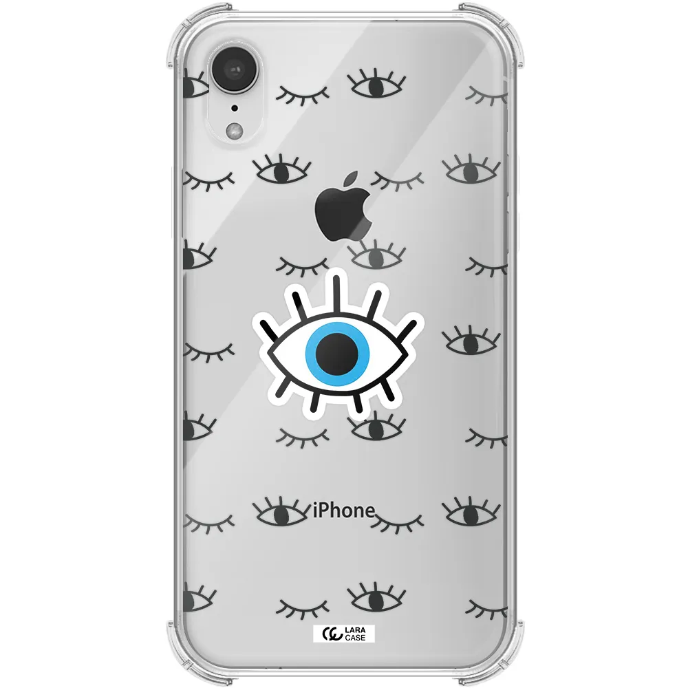 a blue eye with black eyeballs and eyelashes Apple iPhone XR Clear PC Case