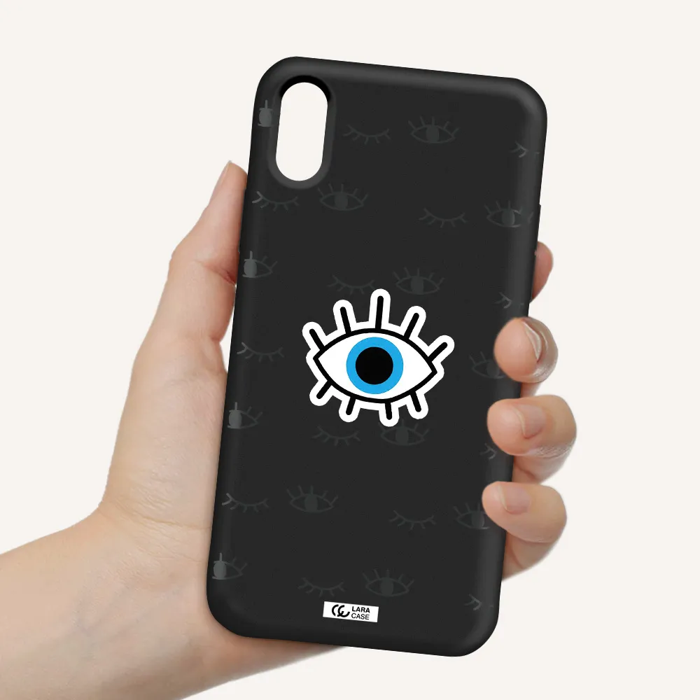 a blue eye with black eyeballs and eyelashes Apple iPhone XS Silicone black Case