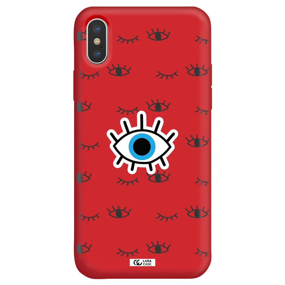 a blue eye with black eyeballs and eyelashes Apple iPhone XS Silicone Imperial Red Case