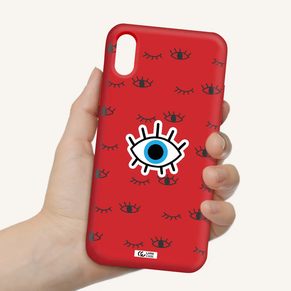 a blue eye with black eyeballs and eyelashes Apple iPhone XS Silicone Imperial Red Case