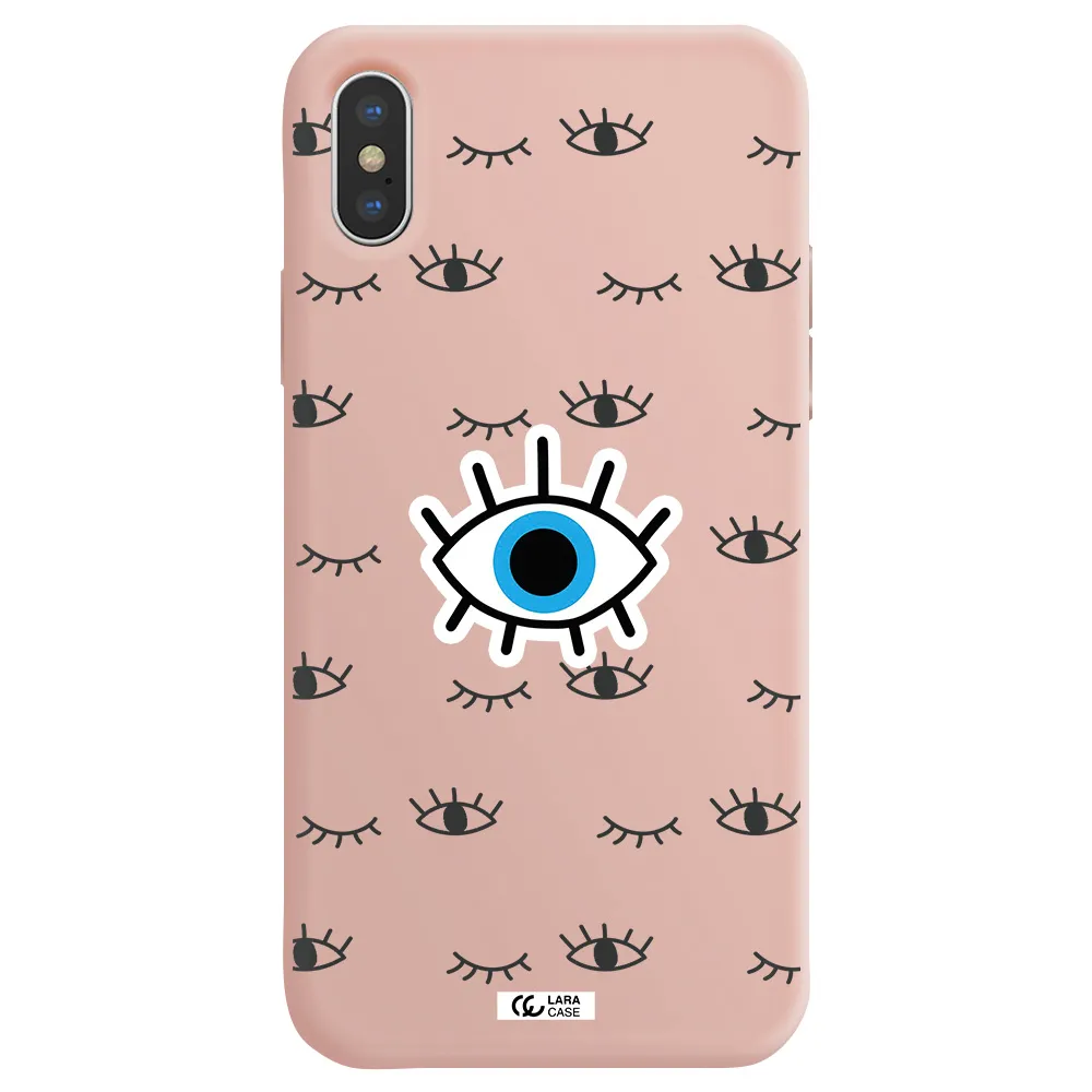 a blue eye with black eyeballs and eyelashes Apple iPhone XS Silicone pastel pink Case
