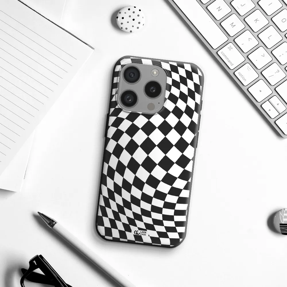 Wavy Checkered Apple Iphone 15 Pro Silicone Black Case