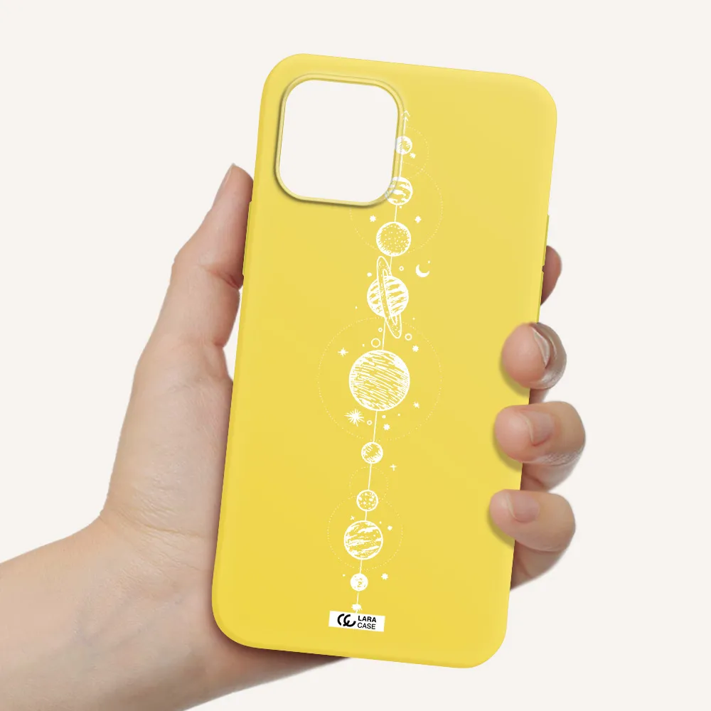 Solar System Line Art Apple iPhone 12 Silicone canary yellow Case